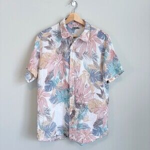 FOCUS 100% Linen Button Down Pocket Italy Tropical Hawaiian Shirt Men's Large